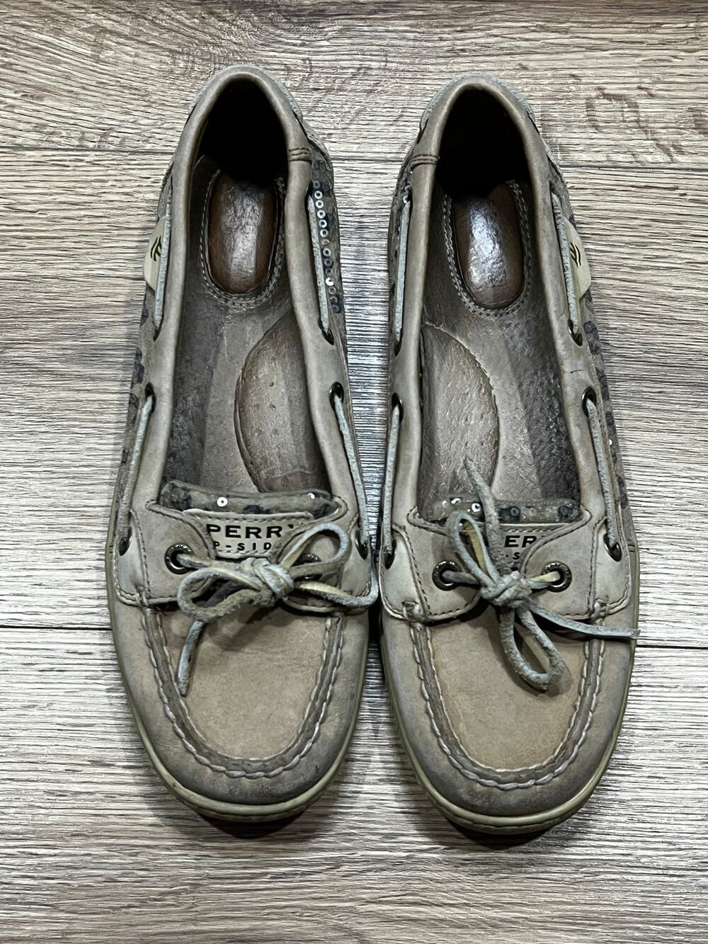 Sperry Womens Boat Shoes Size 8 Beige Sequined Slip On (A00)